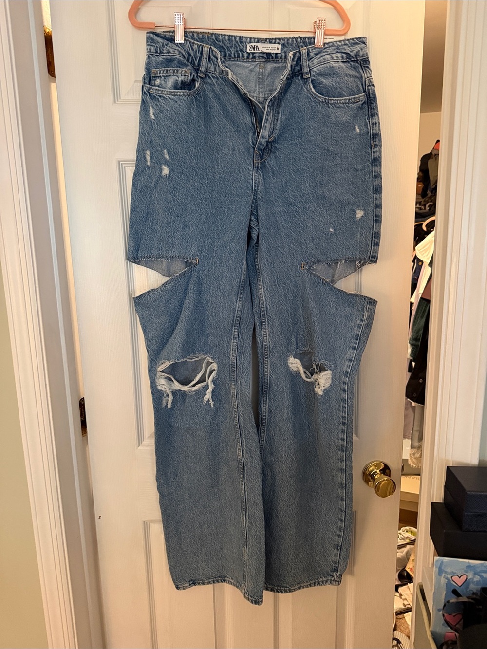 Zara Light Blue Distressed Wide-Leg Jeans